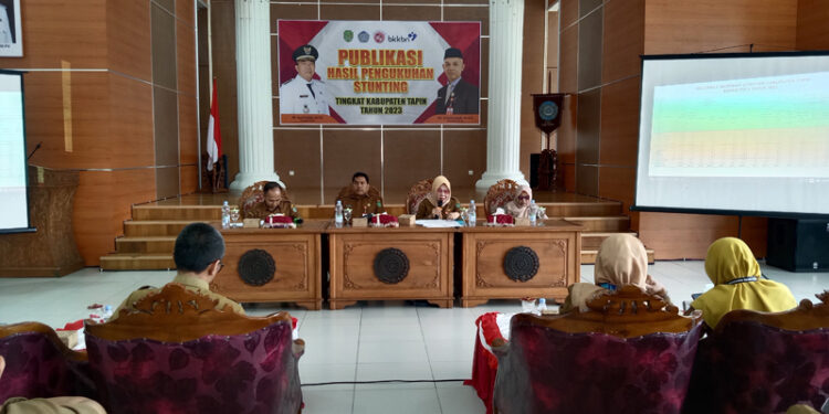 AUDIT-Kepala Dinas PPKB Hj Ahlul Jannah MSI saat pemaparan audit kasus stunting di kabupaten pada kegiatan publikasi hasil pengukuran stunting tingkat kabupaten Tapin tahun 2023. 