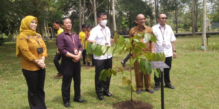 FOTO BERSAMA - Wakil Kepala BRIN RI Prof Dr Ir Amarulla Octavian MSc DESD bersama Staf Ahli Gubernur Bidang Pemerintahan, Hukum dan Politik, Adi Santoso berfoto bersama usai penanaman kayu Ulin di kawasan Kebun Raya Banua, Senin (29/4).