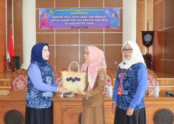BIMTEK-PJ Ketua TP PKK Masrupah saat memberikan kenangan - kenangan kepada narasumber pada acara Bimtek PAAR yang di laksanakan oleh DP3A Kabupaten Tapin.
