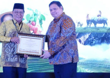 GUBERNUR Kalimantan Selatan Sahbirin Noor saat menerima anugerah penghargaan reforma agraria dari Kemenko Bidang Perekonomian dan diserahkan langsung Menko Perekonomian, Airlangga Hartarto di Jakarta. (foto:mb/adpim)