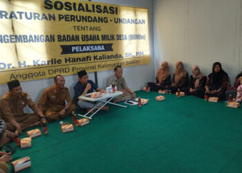 ANGGOTA DPRD Kalsel Dr H Karlie Hanafi Kalianda SH MH saat menyampaikan materi sosialisasi tentang bumdes di Desa Sinar Baru, Kecamatan Rantau Badauh, Kabupaten Barito Kuala, Senin (20/11).