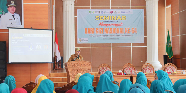 SEKDA Kabupaten Tapin Dr H Sufiansyah MAP saat membuka seminar kesehatan dalam rangka memeriahkan HGN ke-64 di aula sekretariat TP PKK, Senin (19/2).