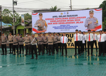 SUASANA apel gelar pasukan Operasi Kepolisian Kewilayahan Keselamatan 2024 yang di gelar Polres Tapin, Sabtu (2/3).