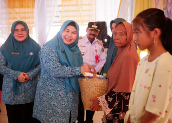 KETUA TP PKK Kalsel Hj Raudatul Jannah atau Acil Odah didampingi Pj Bupati Tala Syamsir Rahman menyerahkan bantuan kepada warga di Kecamatan Tambang Ulang. 