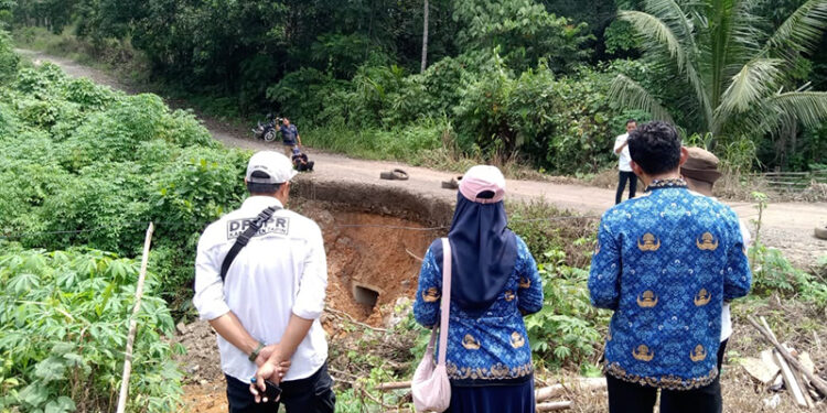 KEPALA Bidang Bina Marga Dinas PUPR Tapin Noor Ciptaningsih ST saat melakukan pengecekan kondisi jalan longsor di Desa Batu Ampar, Kecamatan Piani, Rabu (17/4).