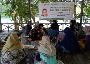SUASANA sosialisasi NIB-PIRT dan fasilitasi halal yang disampaikan Naimatur Robiah untuk UMKM Desa Hatiwin, Sabtu (4/5).