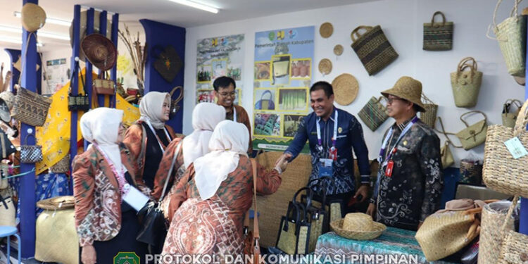 PJ Bupati Tapin M Syarifuddin MPd saat memamerkan produk unggulan UMKM Tapin pada pameran yang di gelar WWF ke-10 di Bali, Sabtu (18/5).