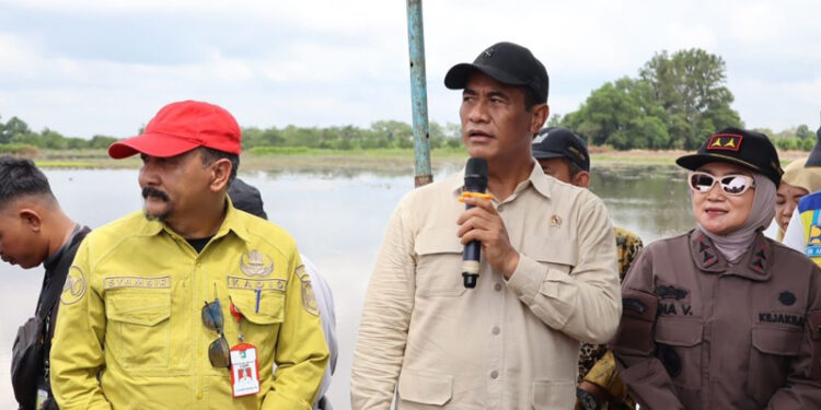 Menteri Pertanian (Mentan) RI, Andi Amran Sulaiman didampingi Kepala Dinas Pertanian dan Ketahanan Pangan Provinsi Kalsel, H Syamsir Rahman ketika melakukan pengecekan cetak sawah baru di Kabupaten Barito Kuala (Batola)