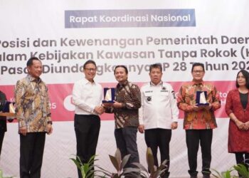Wakil Gubernur (Wagub) Kalimantan Selatan, Hasnuryadi Sulaiman saat menerima plakat penghargaan terkait implementasi kawasan tanpa rokok (KTR)