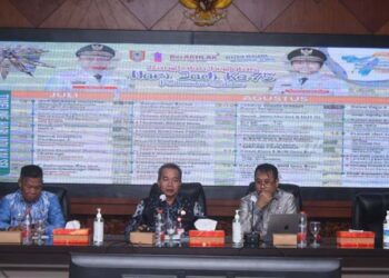 SEKDAPROV Kalimantan Selatan, HM Syarifuddin (tengah) saat memimpin rapat persiapan pelaksanaan Hari Jadi (Harjad) ke-75 Provinsi Kalimantan Selatan tahun 2025.