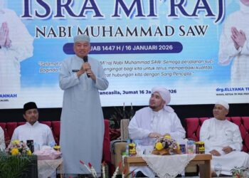 Gubernur Kalimantan Selatan, H Muhidin saat menyampaikan sambutan pada peringatan Isra Mi’raj Nabi Muhammad SAW 1447 hijriyah di Gedung Mahligai Pancasila Banjarmasin