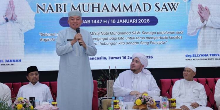 Gubernur Kalimantan Selatan, H Muhidin saat menyampaikan sambutan pada peringatan Isra Mi’raj Nabi Muhammad SAW 1447 hijriyah di Gedung Mahligai Pancasila Banjarmasin