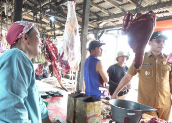 WABUP Kotabaru Syairi Mukhlis saat berdialog dengan pedagang ketika melakukan survei harga bapokting di Pasar Kemakmuran, Selasa (10/3).