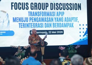Gubernur Kalimantan Selatan, H Muhidin saat menyampaikan sambutan sekaligus membuka Fokus Group Disussion (FGD) tentang penguatan tata kelola pengwasan dan sinergi penyelenggaraan pemerintahan daerah se-Kalsel tahun 2026