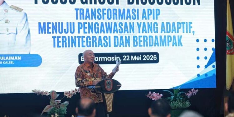 Gubernur Kalimantan Selatan, H Muhidin saat menyampaikan sambutan sekaligus membuka Fokus Group Disussion (FGD) tentang penguatan tata kelola pengwasan dan sinergi penyelenggaraan pemerintahan daerah se-Kalsel tahun 2026