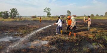 Wakil Gubernur (Wagub) Kalimantan Selatan, H Hasnuryadi Sulaiman saat ikut menyemprotkan air ke lokasi lahan yang masih terbakar, di Pengayuan, Banjarbaru