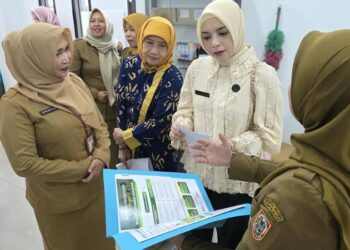Ketua BKOW Provinsi Kalimantan Selatan, drg Ellyana Trisya Hasnuryadi usai membuka pelatihan berkesempatan mengunjungi Rumah Kemasan yang dikelola Balai Pelatihan Koperasi dan UKM Provinsi Kalimantan Selatan
