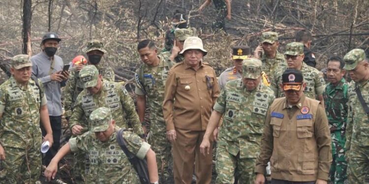 Gubernur Kalimantan Selatan, H Muhidin saat mendampingi Kepala Staf TNI Angkatan Darat (KSAD) Jenderal TNI Tandyo Budi Revita dan Kepala Badan Nasional Penanggulangan Bencana (BNPB) Letjen TNI Kristomei Sianturi meninjau penanganan kebakaran hutan dan lahan (karhutla) di Kalsel